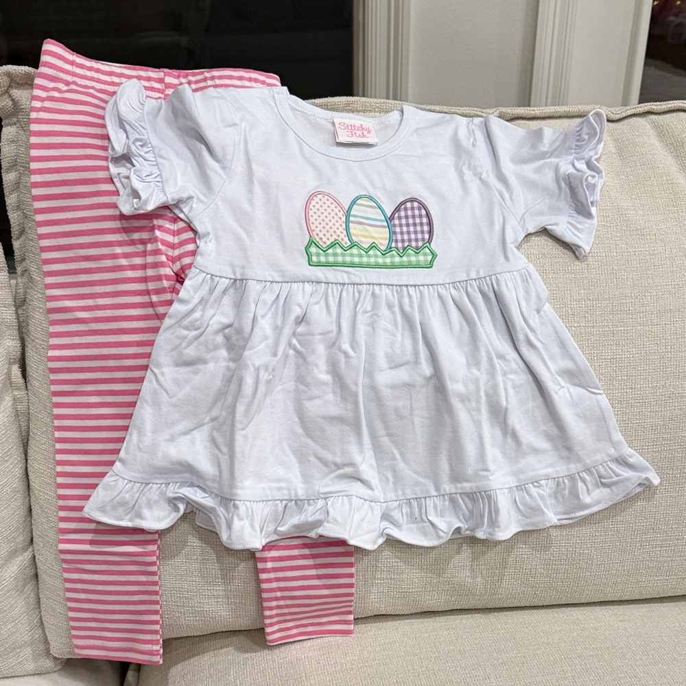 Embroidered Easter Egg Set - Pink and White Striped Leggings and White Top